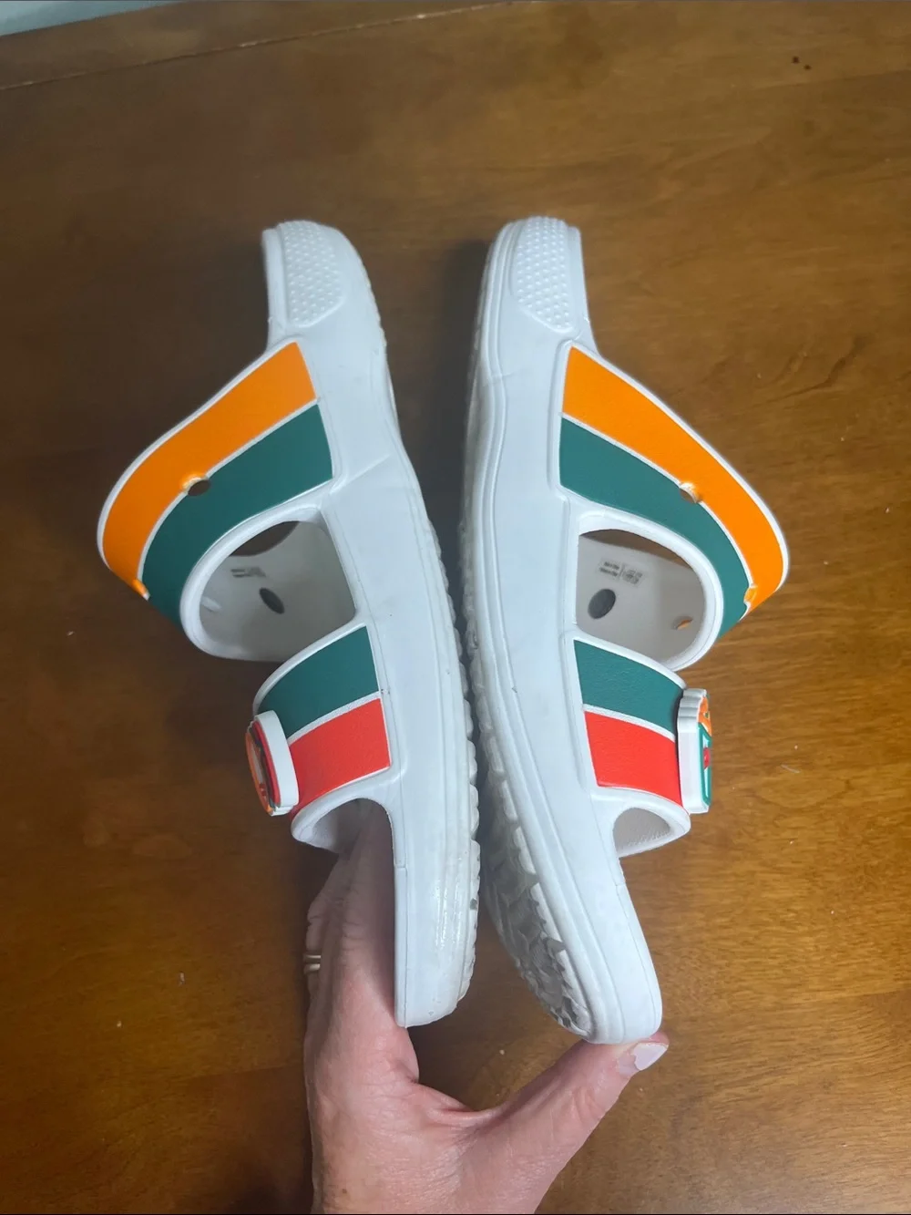 CROCS Kids' White Slides with Orange, Green & Red Stripes